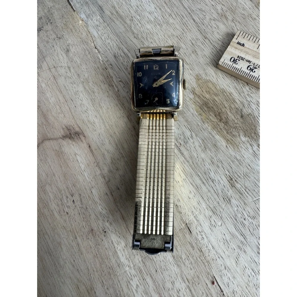 Vintage Elgin Square Black‎ Dial Manual Wind Watch Gold Filled Expansion Band